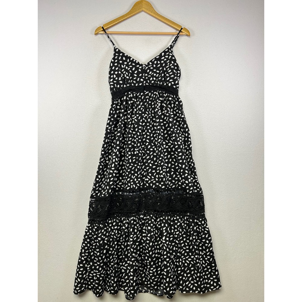 Boho White Birch S Black White Abstract Print Crochet Lace Tiered Maxi Dress‎
